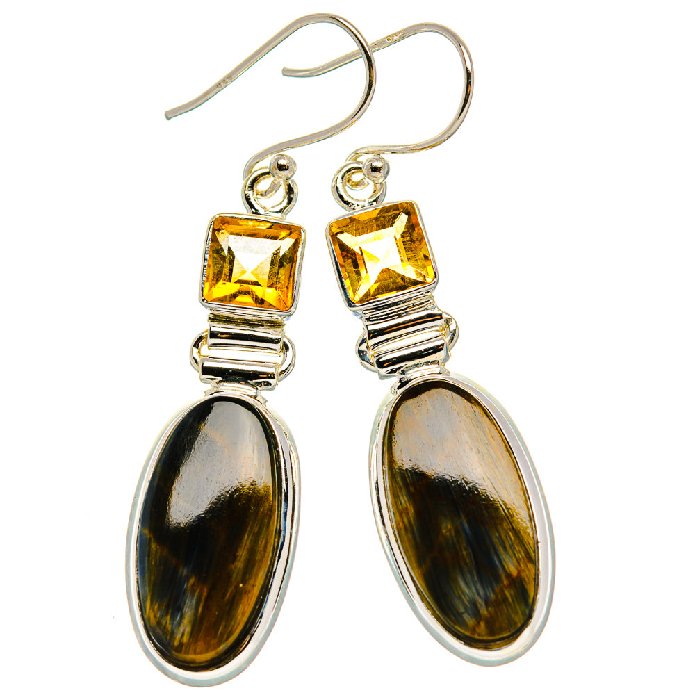 Dangle earrings: yellow citrine square tops and dark oval pietersite drops in silver
