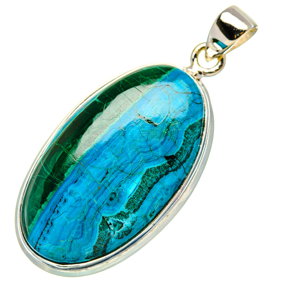 Oval chrysocolla pendant with turquoise and dark green stone, 925 sterling silver bail