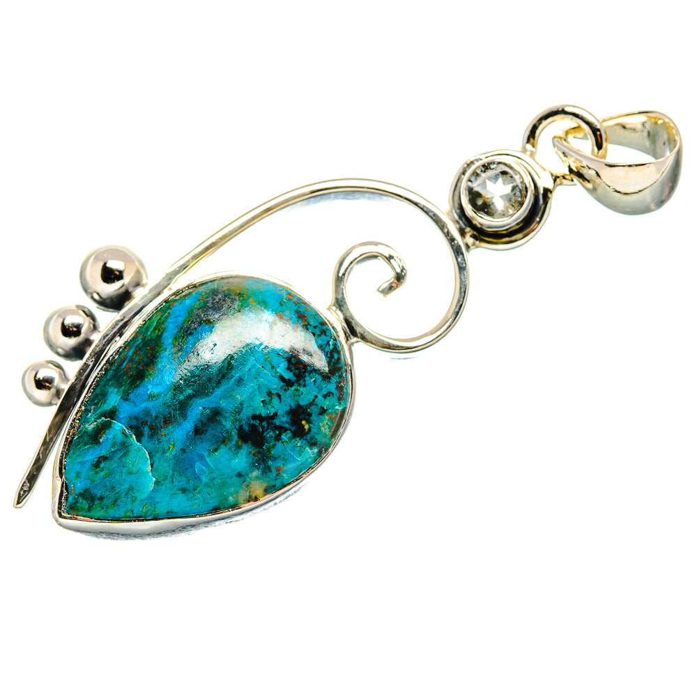 Chrysocolla teardrop pendant in 925 sterling silver with turquoise stone and side hooks