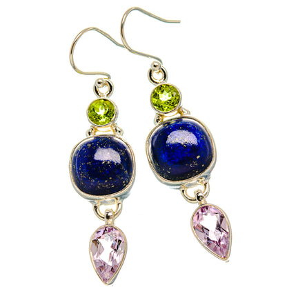 Sterling silver drop earrings: round blue lapis, green peridot, pink teardrop stones