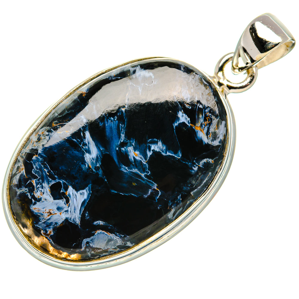 Sterling silver oval pietersite pendant with blue-black stone and top bail