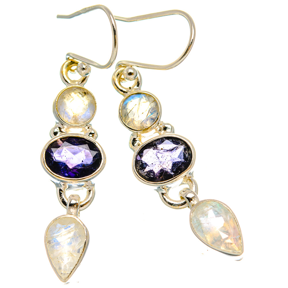 Ana Silver Co Faceted Tanzanite, Rainbow Moonstone Earrings 1 3/4" (925 Sterling Silver)