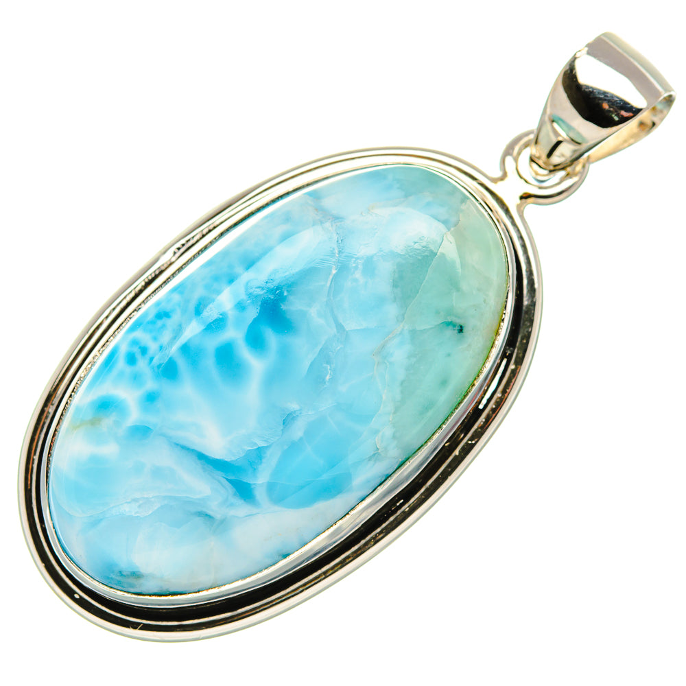 Larimar oval stone pendant in 925 sterling silver frame, smooth bail