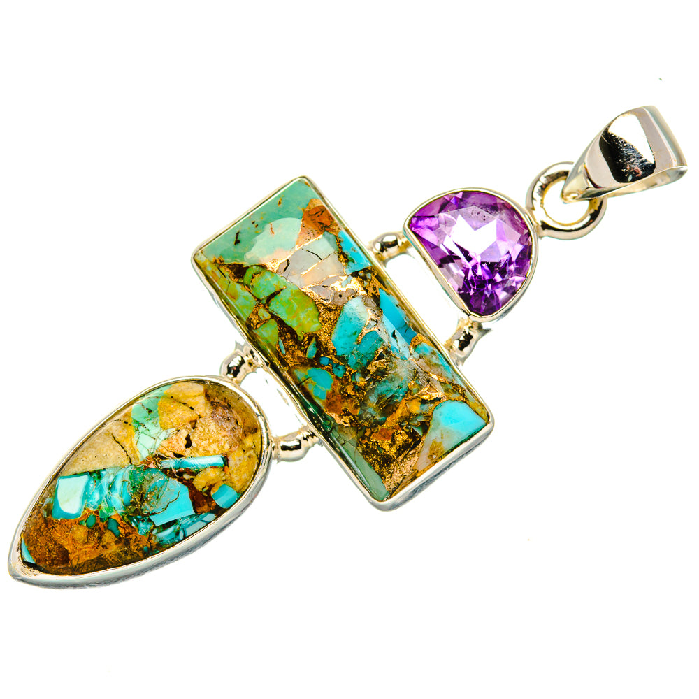 925 sterling silver pendant with rectangular and oval turquoise stones and amethyst