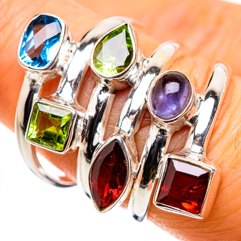 Sterling silver multigem ring with blue topaz, peridot, tanzanite, garnet