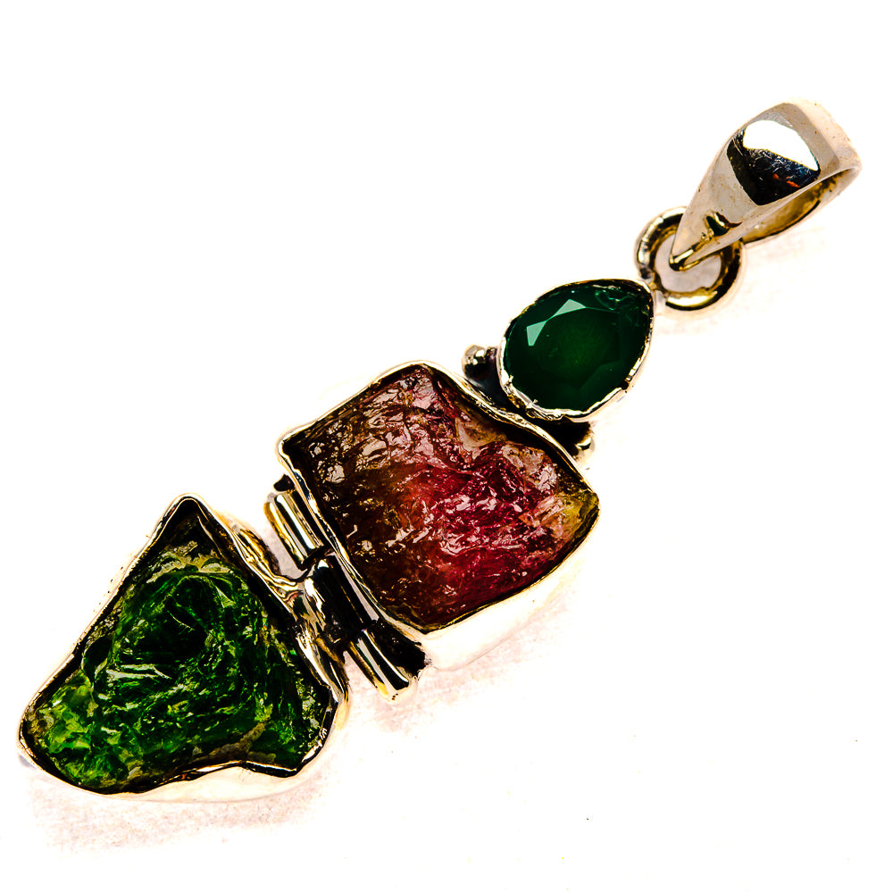 Rough Chrome Diopside, Watermelon Tourmaline, Green Onyx Pendant 1 7/8" (925 Sterling Silver) PD37345