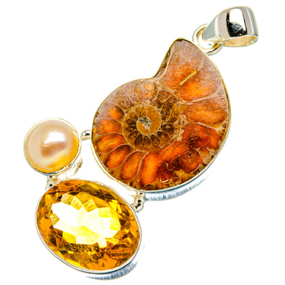 Ammonite Fossil, Citrine, Cultured Pearl Pendant 2"  (925 Sterling Silver) PD37274