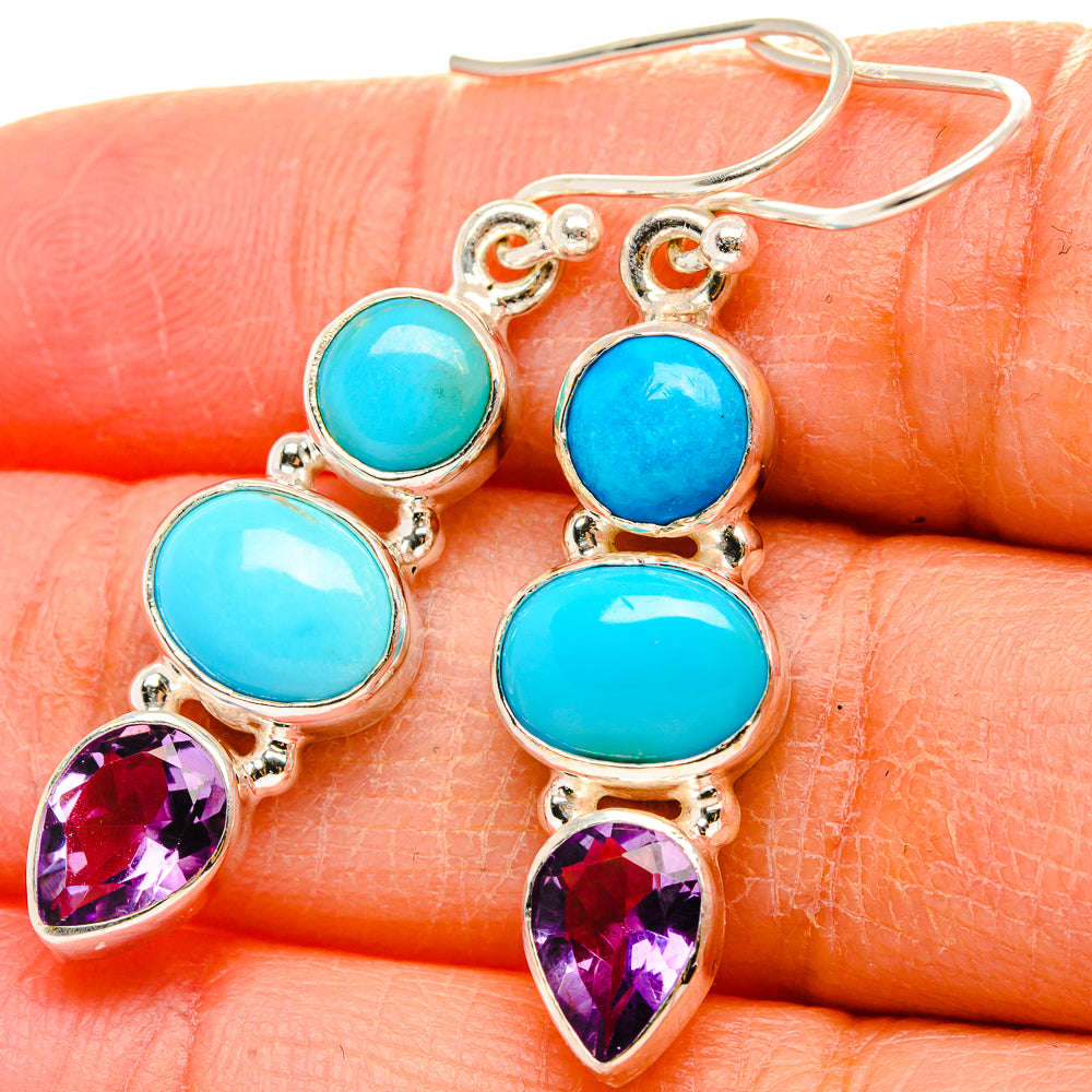 Sleeping Beauty Turquoise, Amethyst Earrings 1 3/4" (925 Sterling Silver) EARR431776